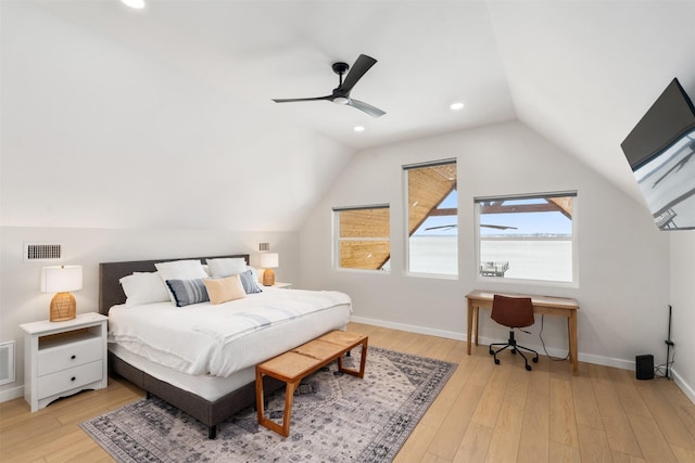 175 Autumn Wood Trl, Gun Barrel City, TX 75156 - bedroom with lofted ceiling, baseboards, wood finished floors, ceiling fan, and recessed lighting