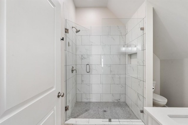 175 Autumn Wood Trl, Gun Barrel City, TX 75156 - bathroom with a shower stall, lofted ceiling, toilet, and vanity