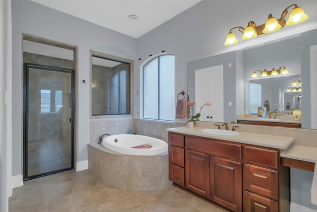 2810 Red Maple Dr, Katy, TX 77494 - bathroom featuring a bath, a shower stall, vanity, and tile patterned flooring