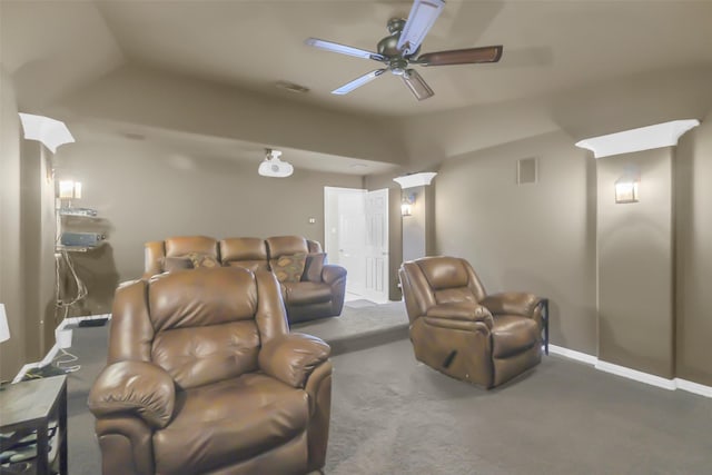 2810 Red Maple Dr, Katy, TX 77494 - carpeted cinema room with ceiling fan, lofted ceiling, and baseboards