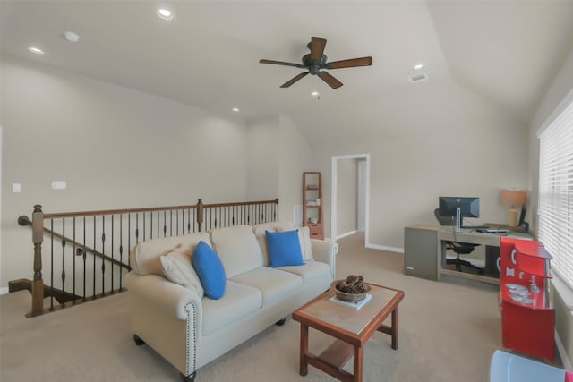 2810 Red Maple Dr, Katy, TX 77494 - carpeted living room with ceiling fan, vaulted ceiling, recessed lighting, a desk, and baseboards