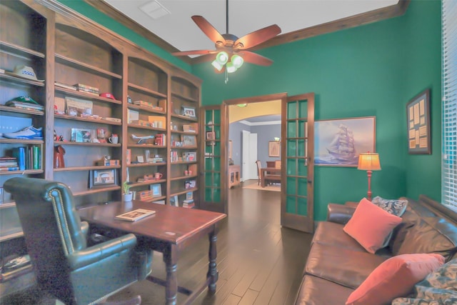 2810 Red Maple Dr, Katy, TX 77494 - office area with a ceiling fan, wood finished floors, crown molding, and french doors