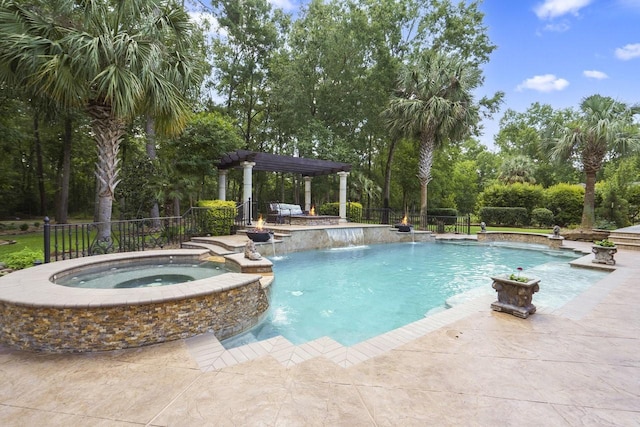20806 Kings Crown Ct, Humble, TX 77346 - view of swimming pool with a pergola, view of scattered trees, a pool with connected hot tub, and a patio