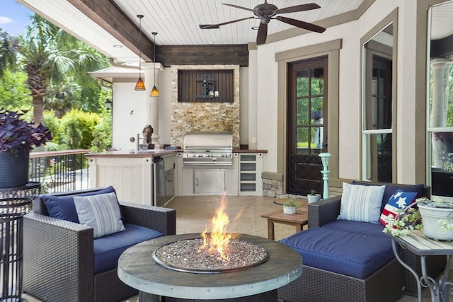 20806 Kings Crown Ct, Humble, TX 77346 - view of patio featuring an outdoor fire pit and a ceiling fan