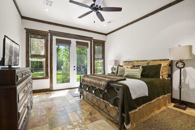 20806 Kings Crown Ct, Humble, TX 77346 - bedroom featuring baseboards, french doors, access to exterior, stone tile flooring, and ornamental molding