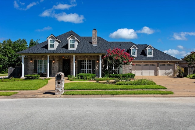 5201 Ballybunion Ln, College Station, TX 77845 - new england style home with brick siding, a garage, a front yard, a chimney, and a shingled roof