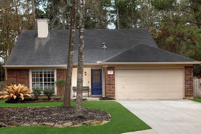 single story home featuring brick siding, a shingled roof, a chimney, and a garage