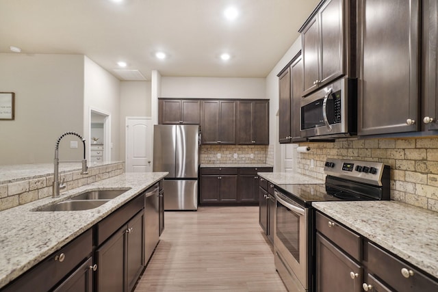 26410 Yaupon Crk, Magnolia, TX 77355 - kitchen with appliances with stainless steel finishes, a sink, dark brown cabinets, backsplash, and recessed lighting