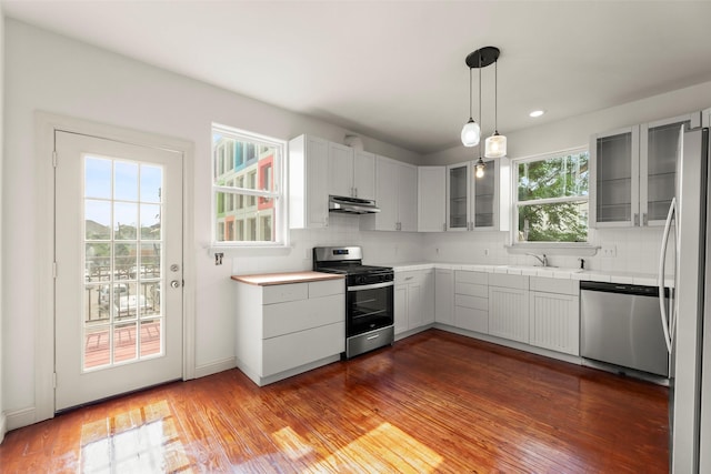 4015 Garrott St, Houston, TX 77006 - kitchen featuring stainless steel appliances, under cabinet range hood, tasteful backsplash, glass insert cabinets, and wood finished floors