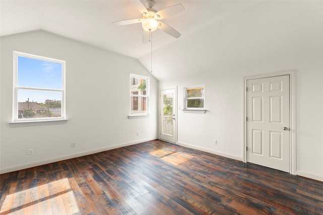 4015 Garrott St, Houston, TX 77006 - empty room with lofted ceiling, a ceiling fan, dark wood-type flooring, and baseboards