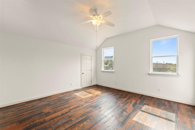 4015 Garrott St, Houston, TX 77006 - unfurnished room with vaulted ceiling, dark wood-style flooring, ceiling fan, and baseboards