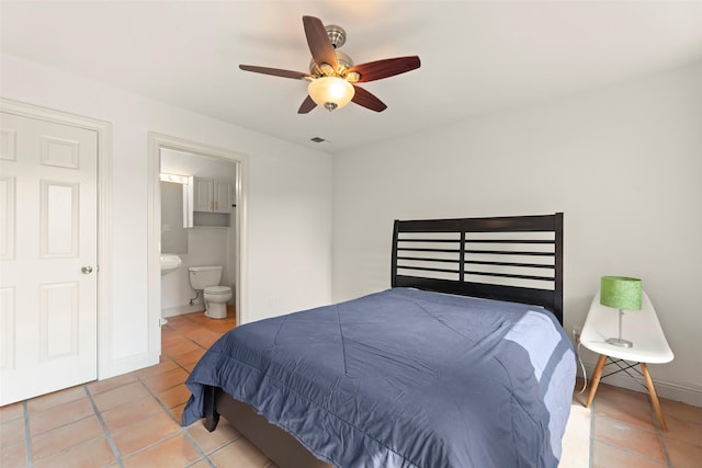 4015 Garrott St, Houston, TX 77006 - bedroom featuring tile patterned flooring, ensuite bathroom, and a ceiling fan