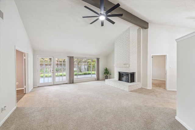 1018 W Castlewood Ave, Friendswood, TX 77546 - unfurnished living room featuring high vaulted ceiling, a fireplace, ceiling fan, beam ceiling, and carpet