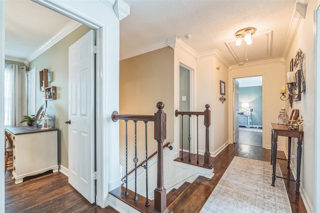 1914 Tipperary Dr, Deer Park, TX 77536 - hall with dark wood-type flooring, an upstairs landing, crown molding, and baseboards