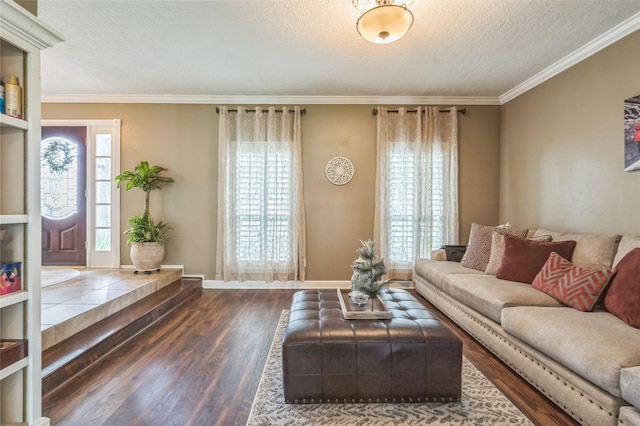1914 Tipperary Dr, Deer Park, TX 77536 - living area with a textured ceiling, wood finished floors, plenty of natural light, baseboards, and crown molding