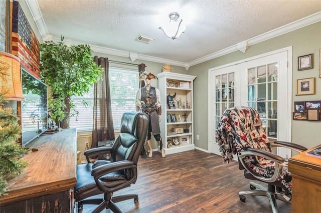 1914 Tipperary Dr, Deer Park, TX 77536 - office area featuring a textured ceiling, french doors, crown molding, and wood-type flooring