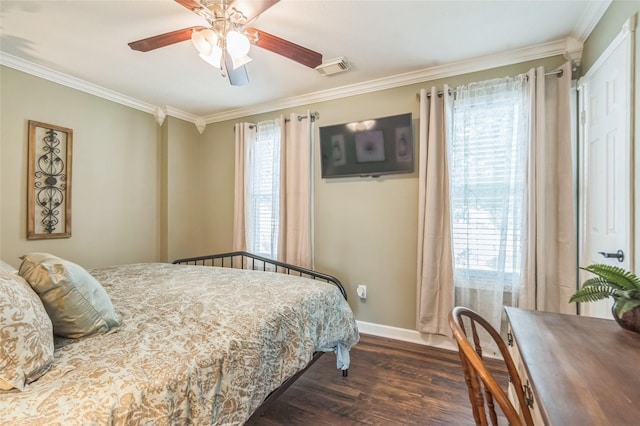 1914 Tipperary Dr, Deer Park, TX 77536 - bedroom featuring multiple windows, dark wood-type flooring, baseboards, ornamental molding, and ceiling fan