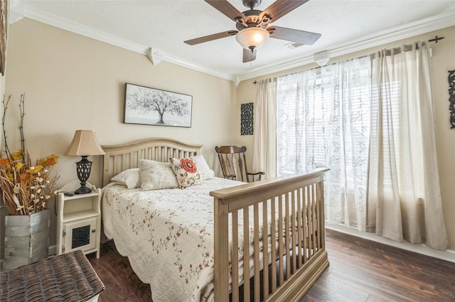 1914 Tipperary Dr, Deer Park, TX 77536 - bedroom featuring ornamental molding, dark wood-type flooring, and ceiling fan