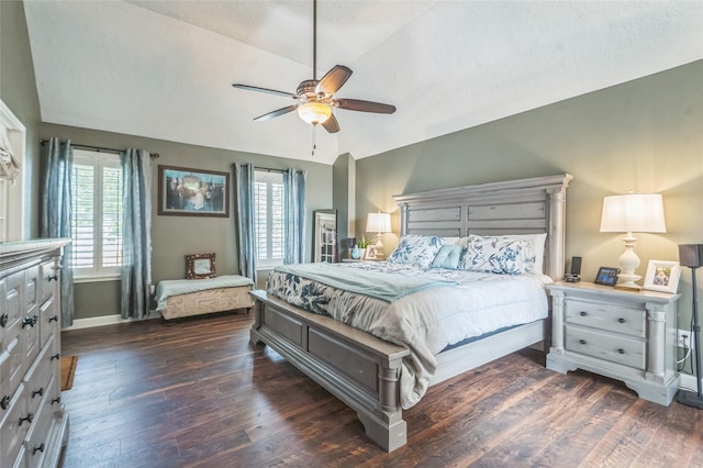 1914 Tipperary Dr, Deer Park, TX 77536 - bedroom featuring vaulted ceiling, dark wood-style flooring, multiple windows, baseboards, and a ceiling fan