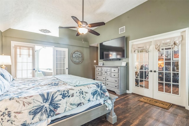 1914 Tipperary Dr, Deer Park, TX 77536 - bedroom with french doors, lofted ceiling, dark wood-type flooring, ceiling fan, and a textured ceiling