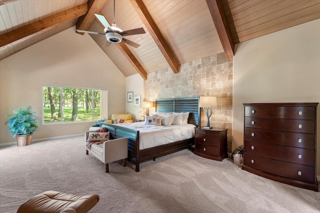 181 Saint Andrews Dr, Mabank, TX 75156 - carpeted bedroom featuring wooden ceiling with exposed beams, a ceiling fan, baseboards, and high vaulted ceiling