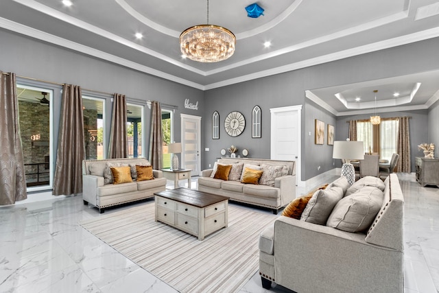 807 Steele Rd Unit A, Highlands, TX 77562 - living area featuring a raised ceiling, a chandelier, light marble finish floors, recessed lighting, and ornamental molding