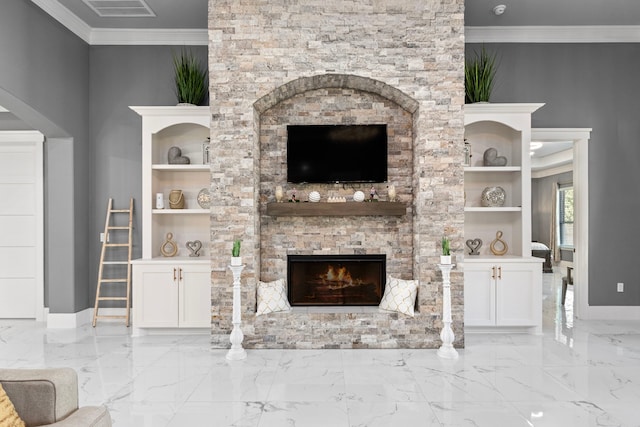 807 Steele Rd Unit A, Highlands, TX 77562 - living room with built in shelves, a fireplace, marble tiled flooring, crown molding, and baseboards