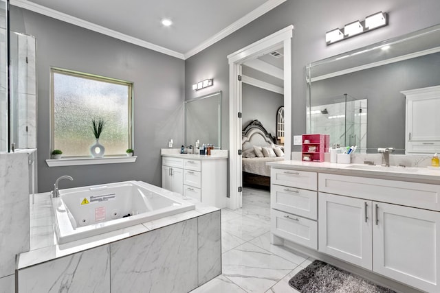 807 Steele Rd Unit A, Highlands, TX 77562 - ensuite bathroom featuring a shower stall, marble finish flooring, two vanities, a tub with jets, and ornamental molding