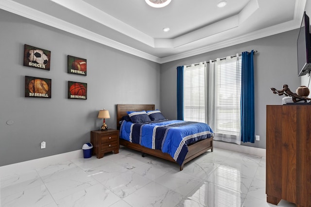 807 Steele Rd Unit A, Highlands, TX 77562 - bedroom featuring baseboards, marble finish flooring, a tray ceiling, recessed lighting, and ornamental molding