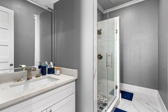 807 Steele Rd Unit A, Highlands, TX 77562 - full bathroom with crown molding, a shower stall, marble look tile flooring, baseboards, and vanity