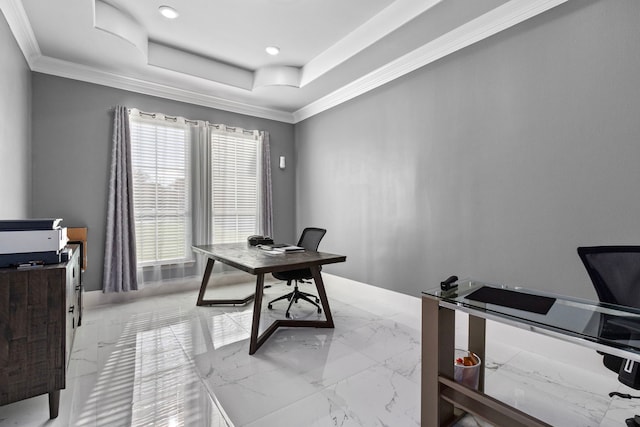 807 Steele Rd Unit A, Highlands, TX 77562 - office space featuring light marble finish floors, a tray ceiling, crown molding, baseboards, and recessed lighting