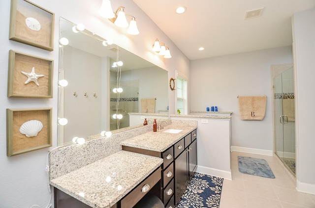25292 Willow Creek Rd, Hockley, TX 77447 - bathroom featuring vanity, tile patterned floors, a stall shower, baseboards, and recessed lighting