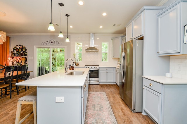 25292 Willow Creek Rd, Hockley, TX 77447 - kitchen with stainless steel appliances, a sink, wall chimney range hood, light wood finished floors, and backsplash