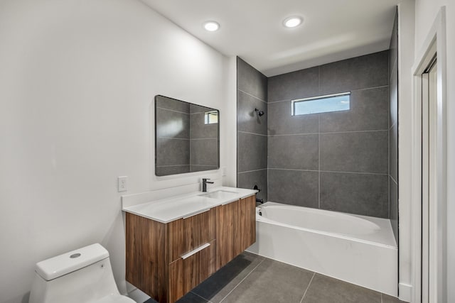 10728 Twin Oak Dr, Conroe, TX 77385 - full bathroom featuring toilet, bathing tub / shower combination, vanity, tile patterned floors, and recessed lighting