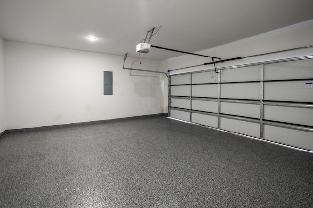 10728 Twin Oak Dr, Conroe, TX 77385 - garage featuring electric panel, a garage door opener, and baseboards