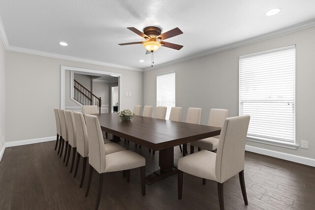 5610 Oakhaven Ln, Houston, TX 77091 - dining area featuring baseboards, ceiling fan, dark wood-type flooring, recessed lighting, and ornamental molding