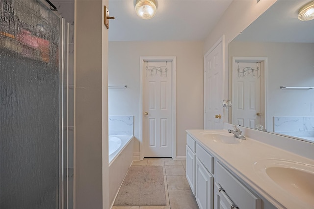 3619 Strartford Arms Ln, Sugar Land, TX 77498 - bathroom with a bath, tile patterned flooring, double vanity, and a shower with door
