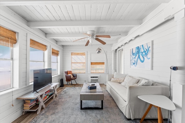 523 Blue Water Hwy, Surfside Beach, TX 77541 - living room featuring wood finished floors, ceiling fan, wood walls, wooden ceiling with exposed beams, and heating unit