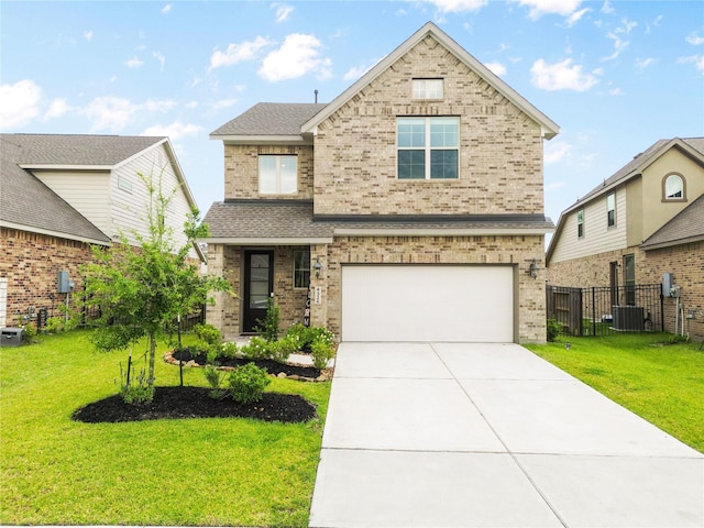 4326 Camden Springs Trl, Porter, TX 77365 - view of front facade featuring brick siding, a garage, driveway, central air condition unit, and roof with shingles