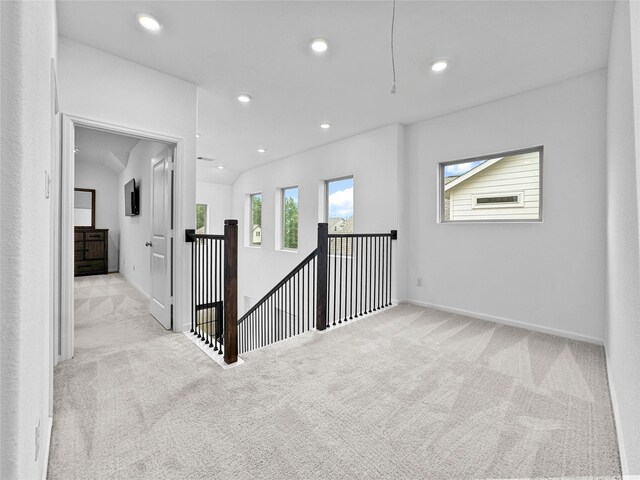 4326 Camden Springs Trl, Porter, TX 77365 - hall featuring carpet flooring, an upstairs landing, recessed lighting, lofted ceiling, and baseboards