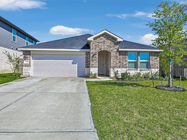 17718 Sommerset Falls Ln, Crosby, TX 77532 - view of front of house featuring brick siding, a garage, concrete driveway, a front yard, and roof with shingles