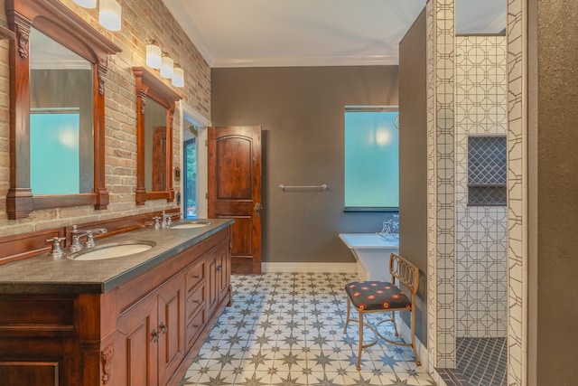 23 N Plum Crest Cir, The Woodlands, TX 77382 - full bathroom with tile patterned floors, a freestanding bath, double vanity, a stall shower, and ornamental molding