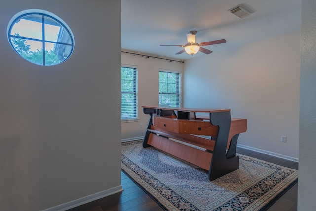 23 N Plum Crest Cir, The Woodlands, TX 77382 - dining space featuring a ceiling fan, baseboards, and dark wood-type flooring