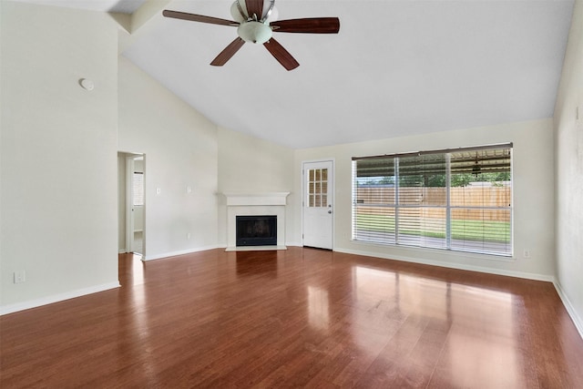 10911 Cedar Bridge St, Houston, TX 77075 - unfurnished living room featuring high vaulted ceiling, ceiling fan, a fireplace with flush hearth, baseboards, and wood finished floors