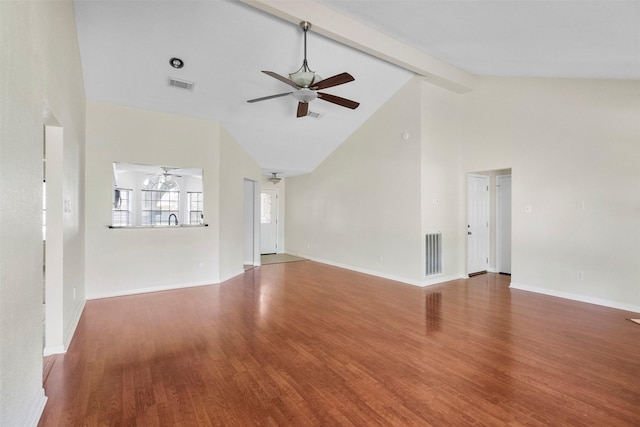 10911 Cedar Bridge St, Houston, TX 77075 - unfurnished living room featuring ceiling fan, wood finished floors, beamed ceiling, high vaulted ceiling, and baseboards