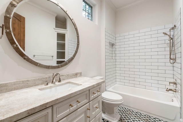 3 Maroon Creek Ct, The Woodlands, TX 77389 - bathroom with vanity, toilet, bathing tub / shower combination, and ornamental molding