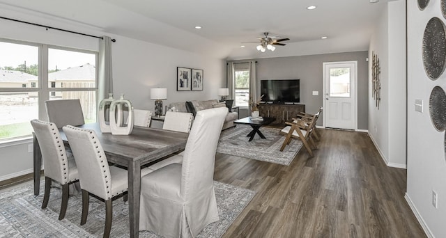 310 Bandit Cove Ct, Crosby, TX 77354 - dining area featuring dark wood-style floors, baseboards, a ceiling fan, and recessed lighting