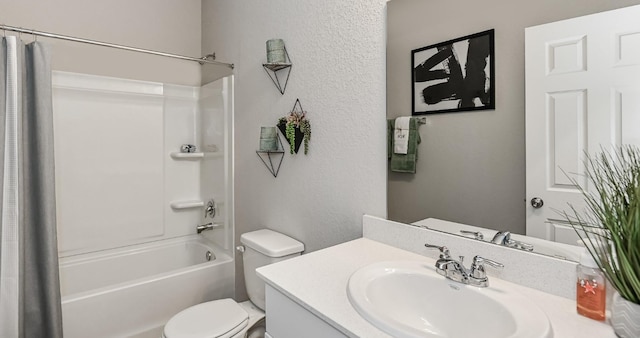 310 Bandit Cove Ct, Crosby, TX 77354 - bathroom featuring toilet, a textured wall, shower / bath combination with curtain, and vanity