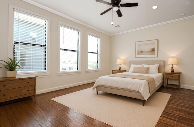 11028 Avenu Malkenu Ave, Houston, TX 77043 - bedroom featuring baseboards, ornamental molding, dark wood-style flooring, and ceiling fan