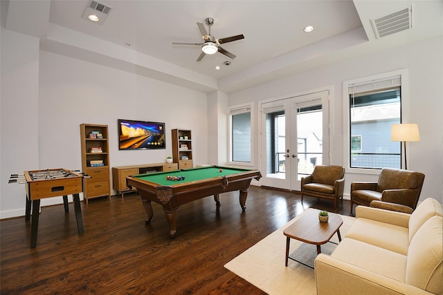 11028 Avenu Malkenu Ave, Houston, TX 77043 - rec room with french doors, dark wood finished floors, a raised ceiling, pool table, and ceiling fan